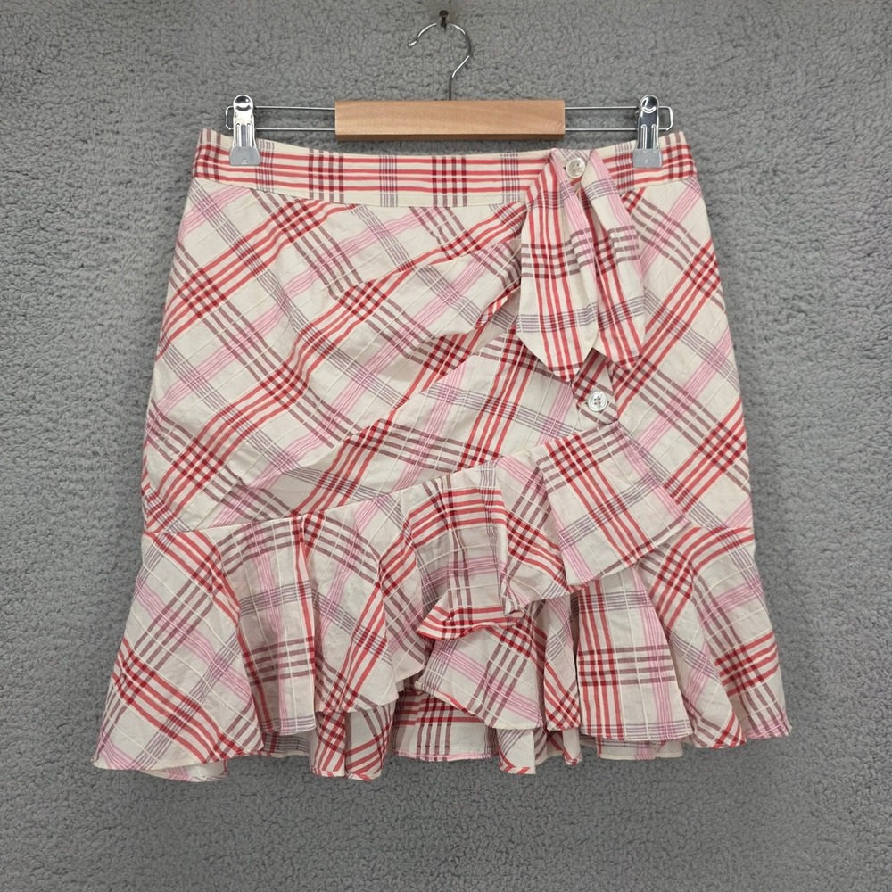 Veronica‎ Beard Red Pink Plaid Ruffle Mini Skirt Waist Tie Accent Size 6